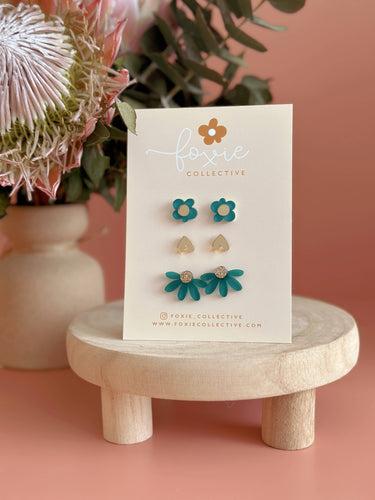 Stud Pack Trio | Frosted Teal + Gold