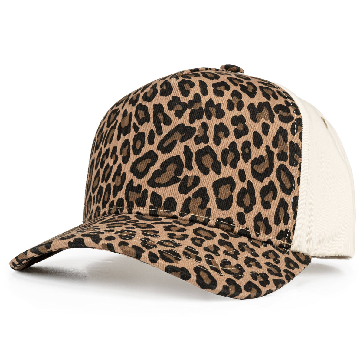 Leopard Pattern Two Tone Criss-Cross Back Trucker Hat: Camel pony tail