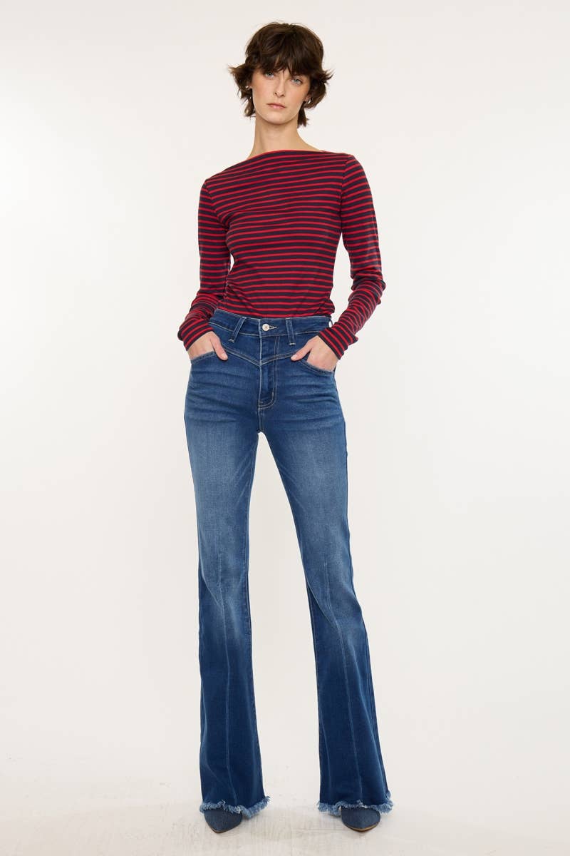 WESTERN HIGH RISE FRAYED HEM FLARE-KC7858M