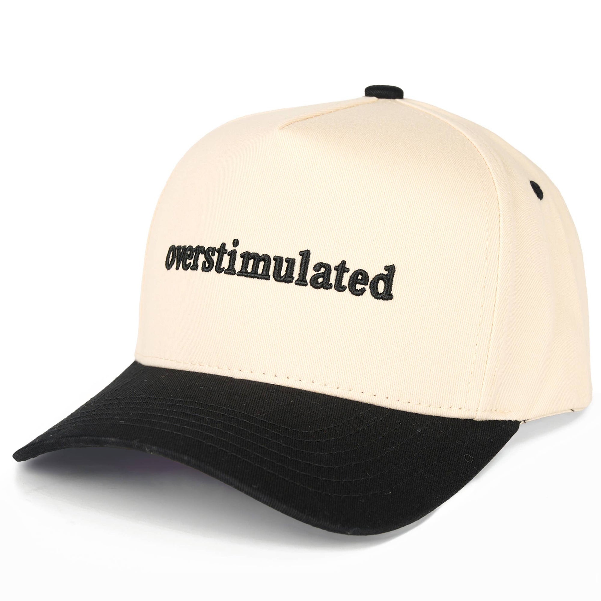 OVERSTIMULATED Letter Embroidered Two Tone Trucker Cap: Black