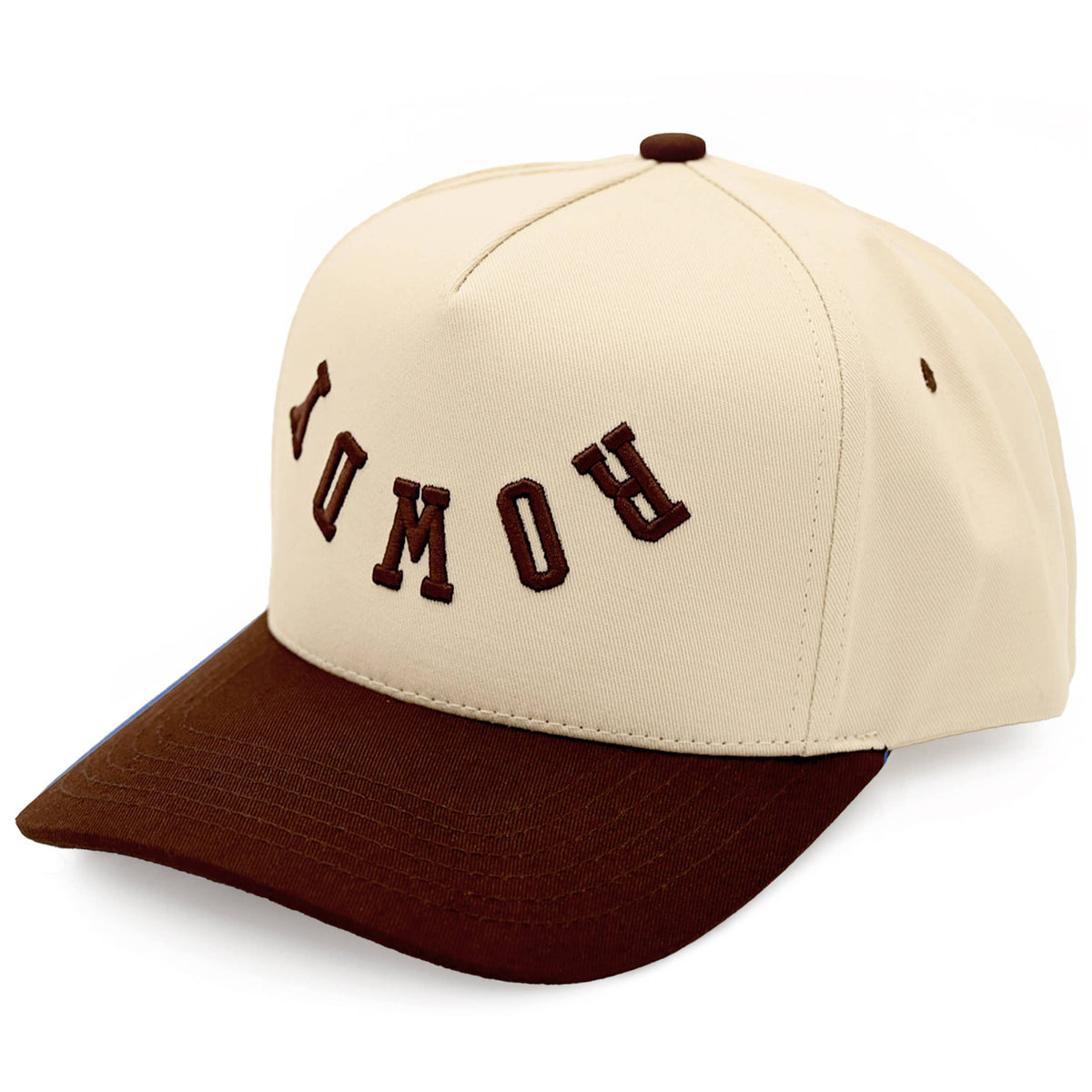 ROWDY Letter Embroidered Two Tone Trucker Cap: Brown