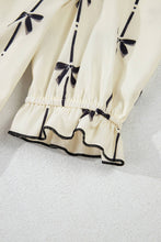 Beige Bowknot Printed Bubble Sleeve V Neck Mini Dress
