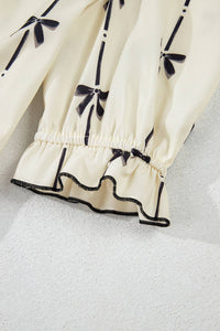 Beige Bowknot Printed Bubble Sleeve V Neck Mini Dress