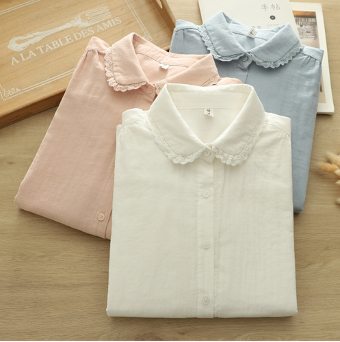 Women's Lace-Trim Collar Cotton Gauze Shirt