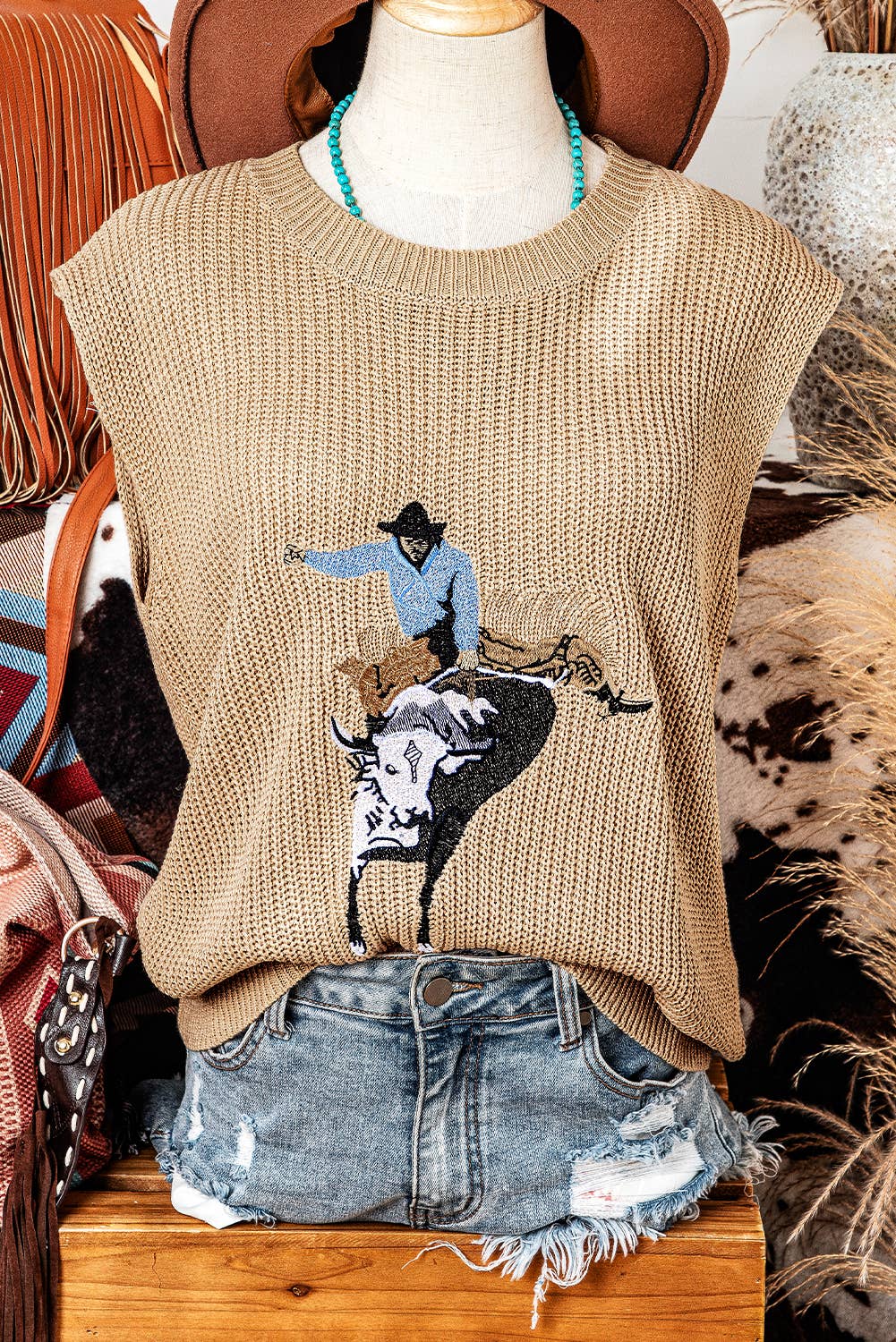 Pre Order - arrival by the end of June Cowboy Embroidery Sleeveless Sweater/vest