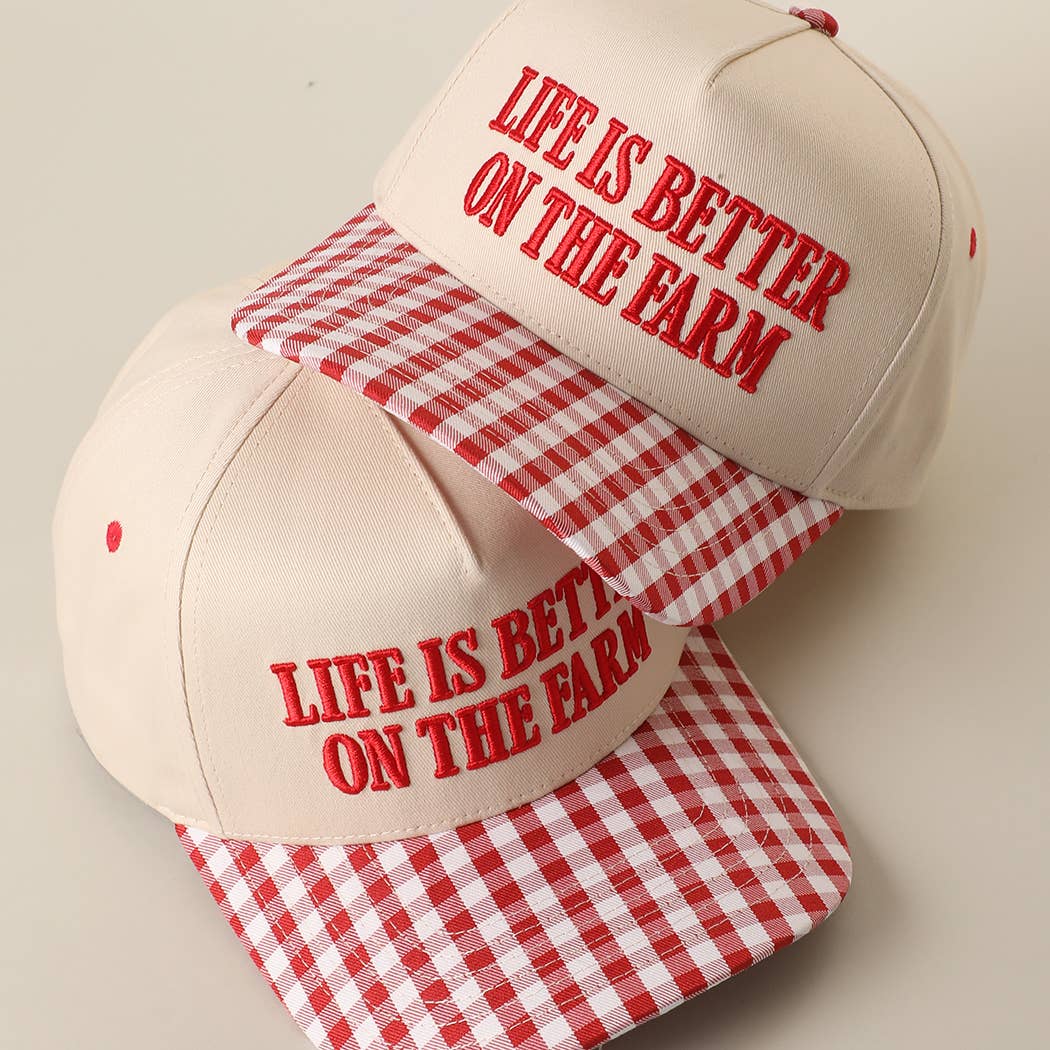 LIFE IS BETTER ON THE FARM 3D Embroidered Gingham Hat