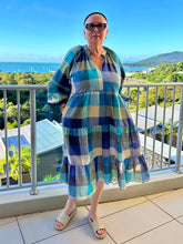 Linen Cotton A-Line Check Dress- Blue