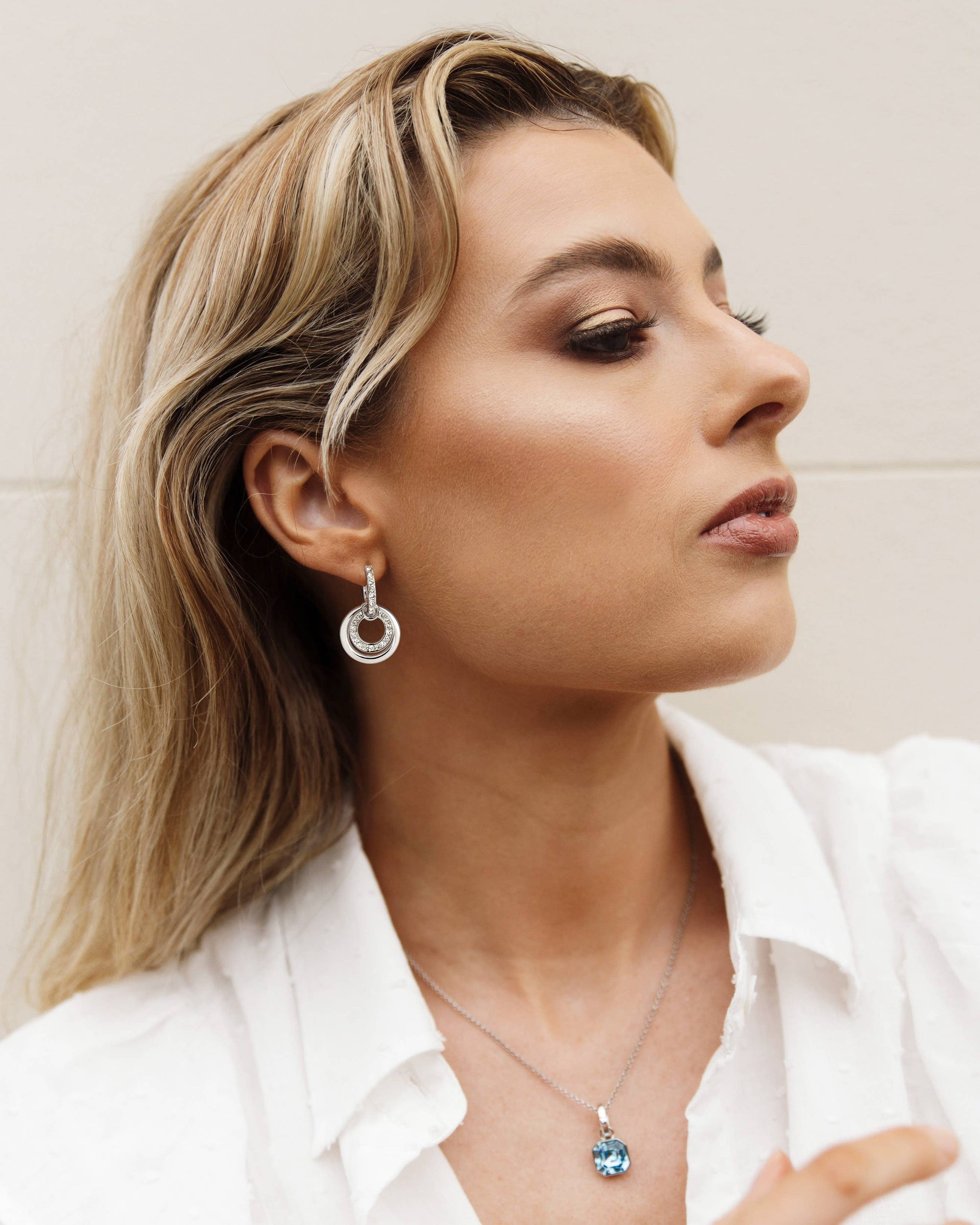 Circle Double Drop Earrings Clear Crystal Rhodium Plated