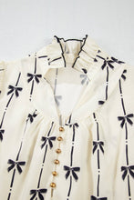 Beige Bowknot Printed Bubble Sleeve V Neck Mini Dress
