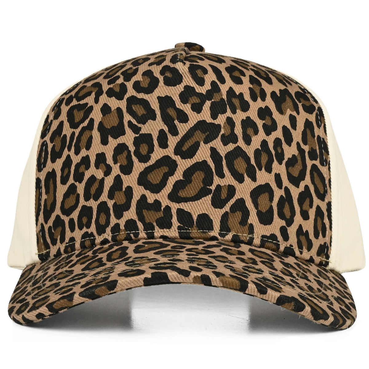 Leopard Pattern Two Tone Criss-Cross Back Trucker Hat: Camel pony tail