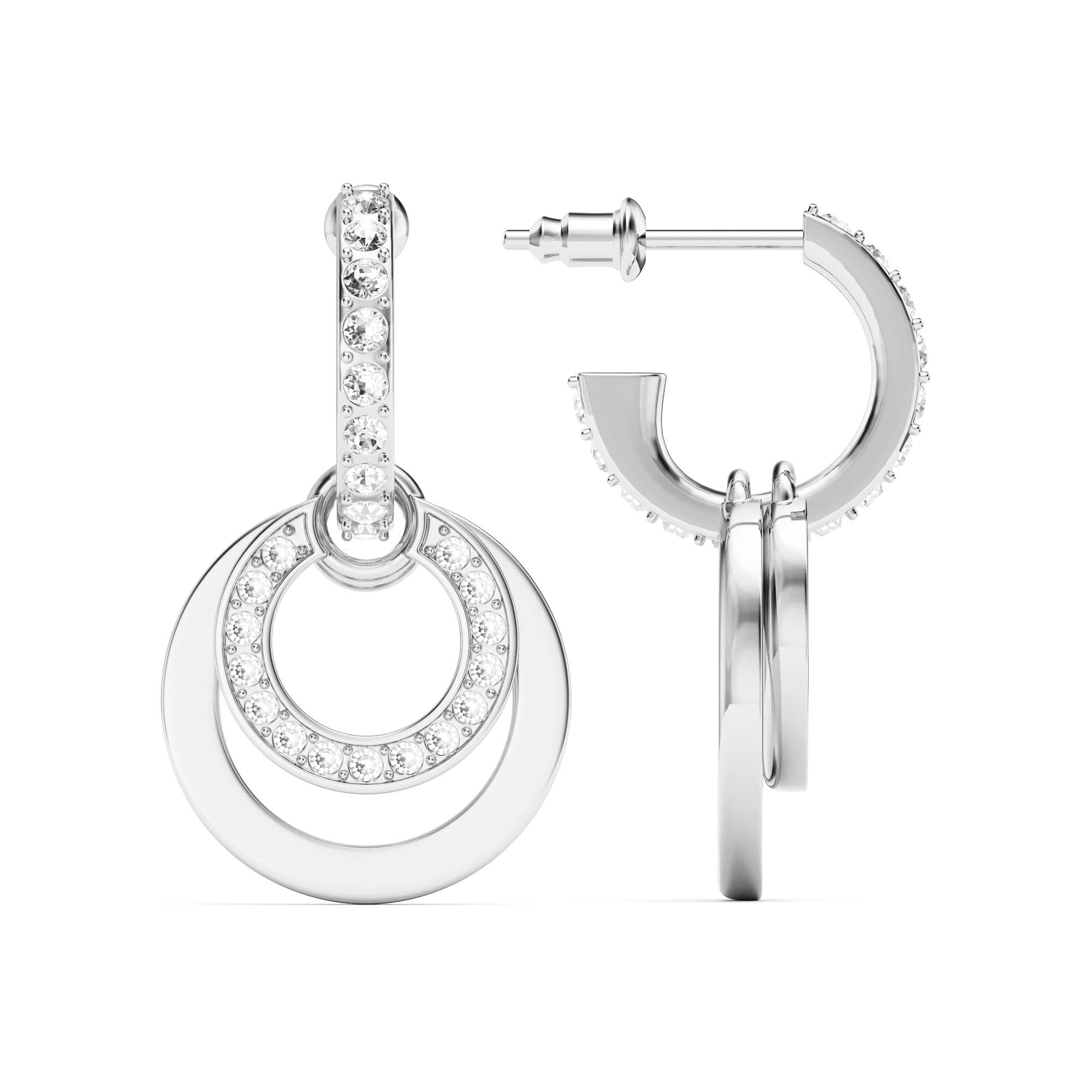 Circle Double Drop Earrings Clear Crystal Rhodium Plated
