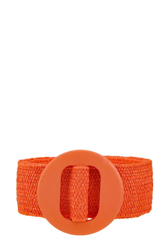 Elastic Straw Belt with Wood Buckle Accent
