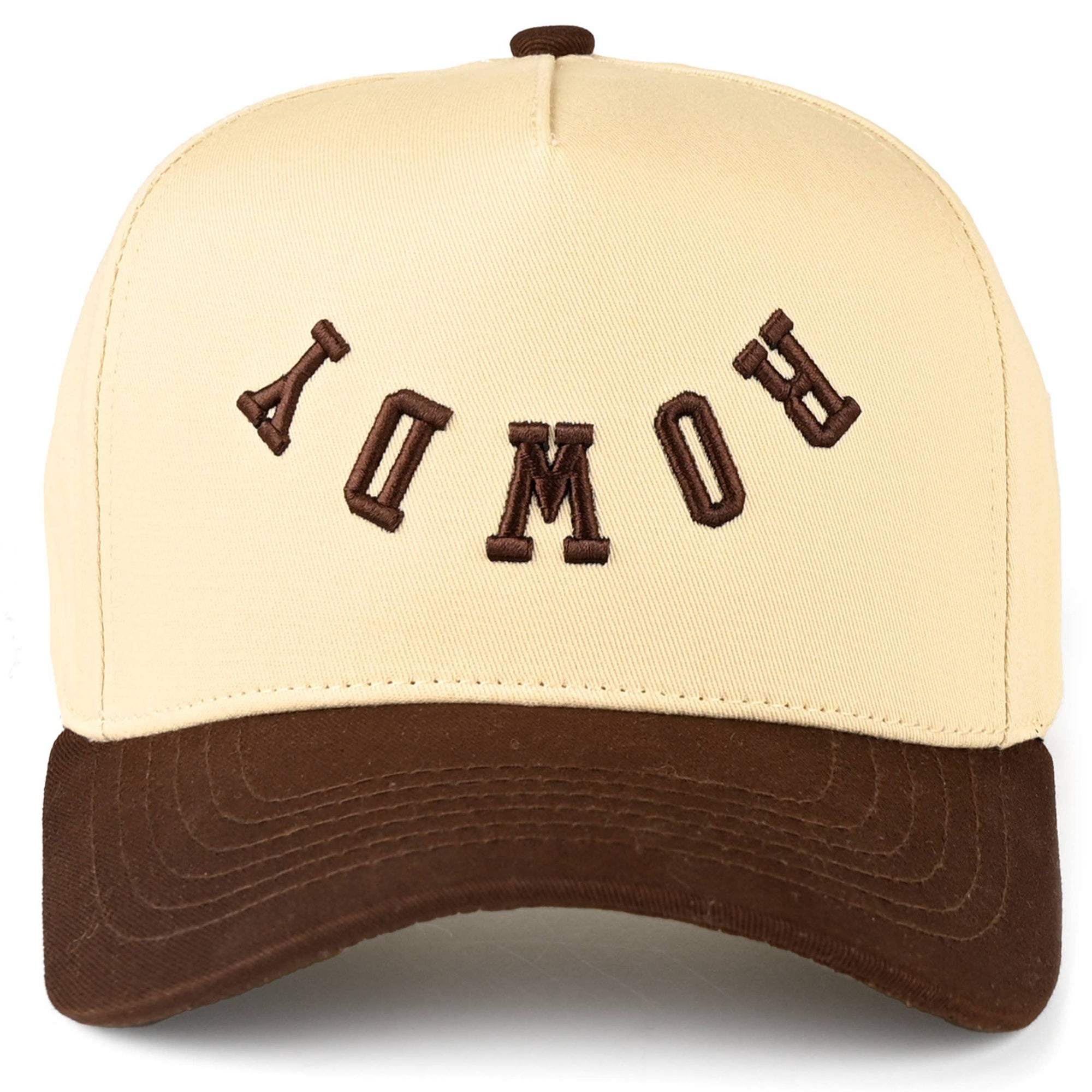 ROWDY Letter Embroidered Two Tone Trucker Cap: Brown