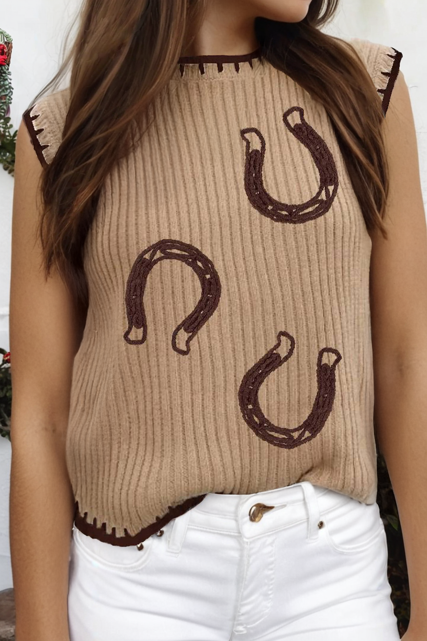 Pre Order - arrival by the end of June Western Cowgirl Knit Contrast Trim Horseshoe Sweater Vest