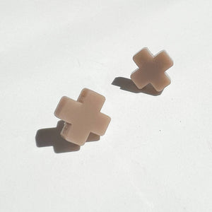 Taupe Cross Stud Earrings - Small Cross Earrings, Minimalist