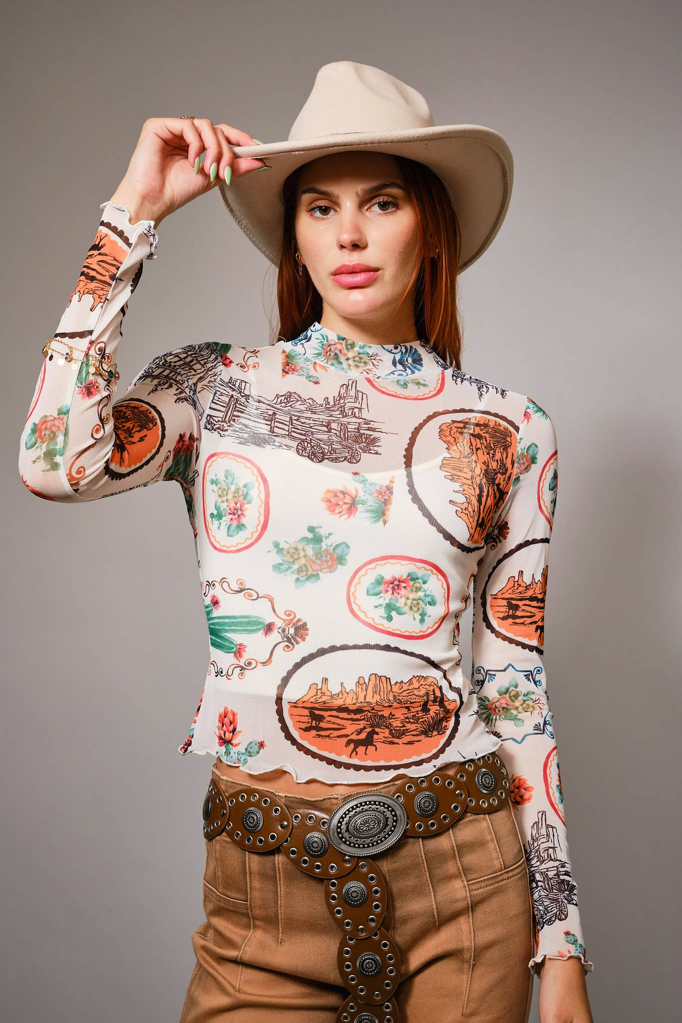 33147T Western Motif Mesh Mock Neck Top