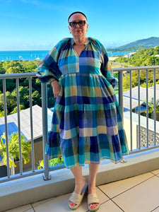 Linen Cotton A-Line Check Dress- Blue
