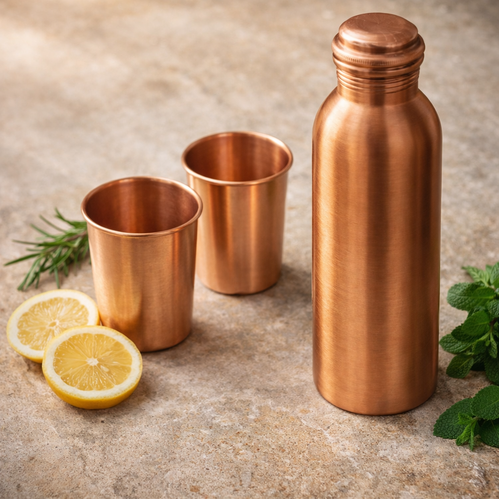 Pure Copper Bottle Gift Set with 2 Glasses – 950ml Bottle &amp; 300ml Tumblers