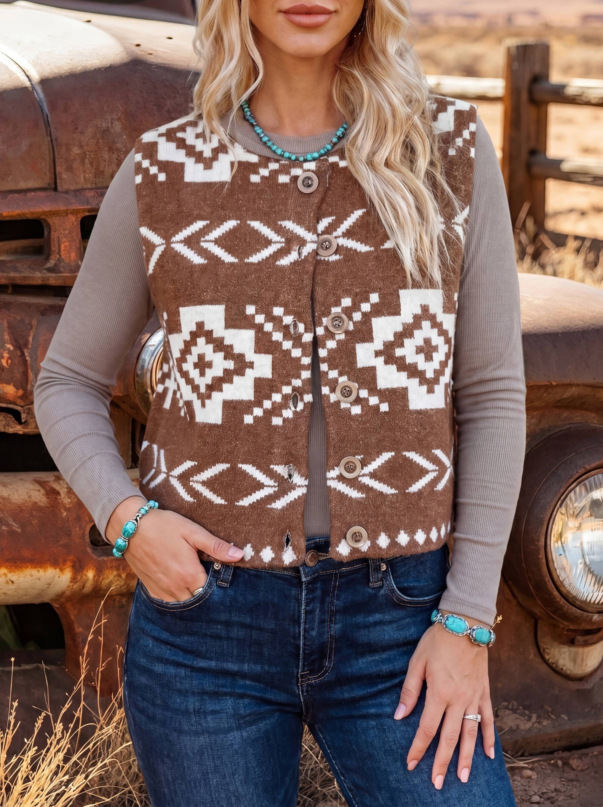 Pre Order - arrival by the end of June Western Amber Aztec Print Sleeveless Knit Vest