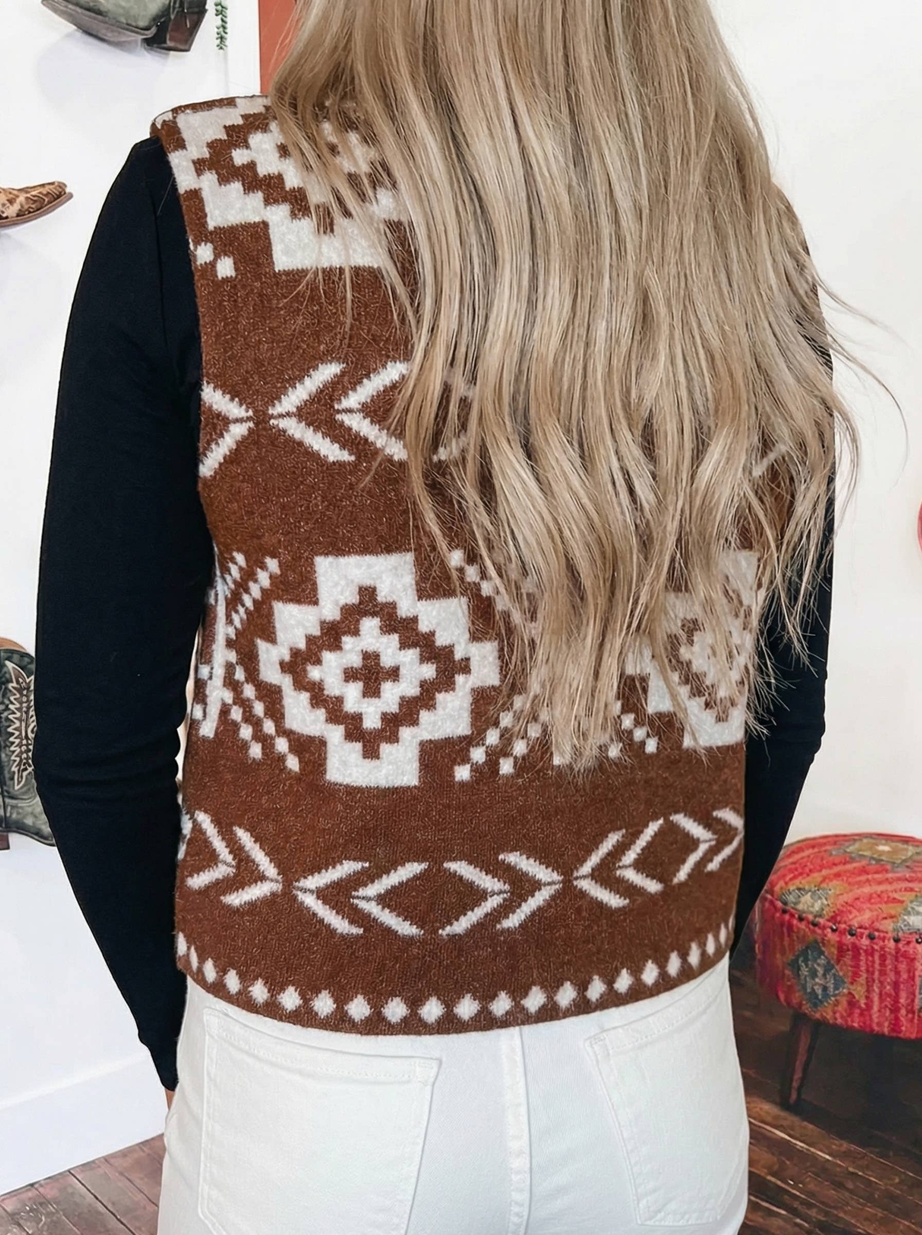 Pre Order - arrival by the end of June Western Amber Aztec Print Sleeveless Knit Vest