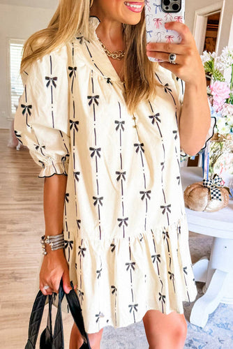 Beige Bowknot Printed Bubble Sleeve V Neck Mini Dress