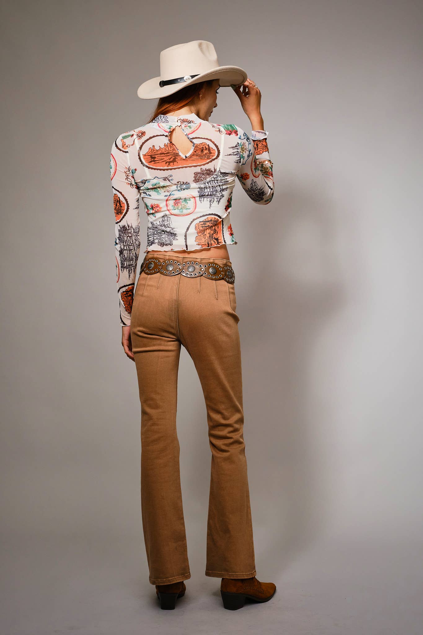 33147T Western Motif Mesh Mock Neck Top