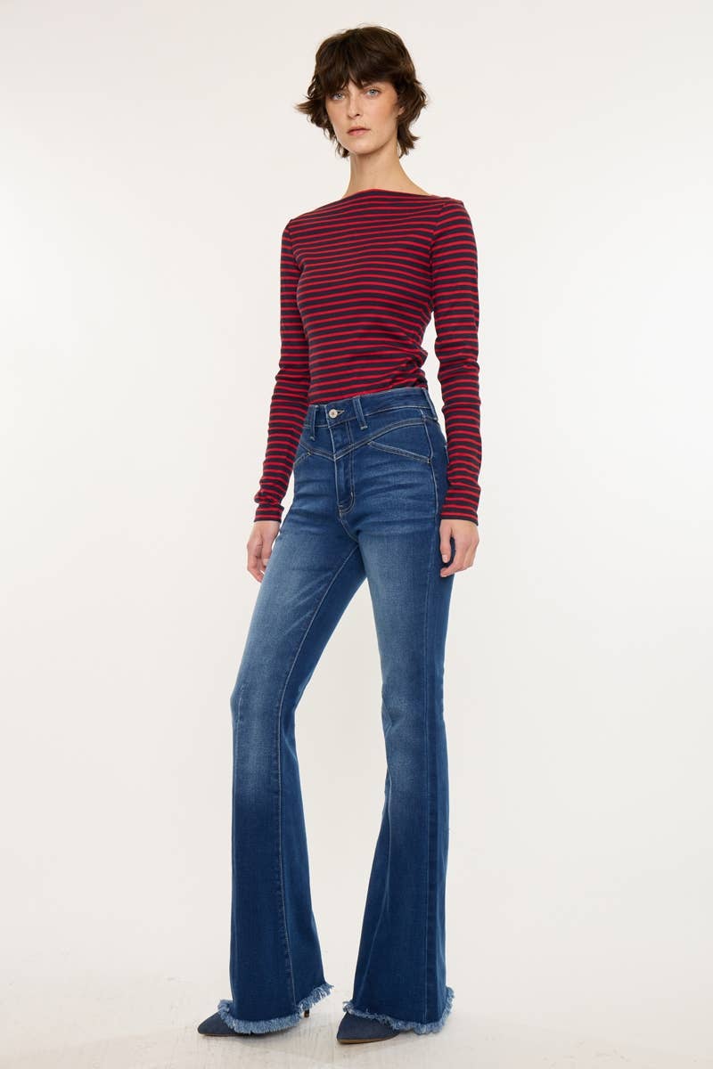 WESTERN HIGH RISE FRAYED HEM FLARE-KC7858M