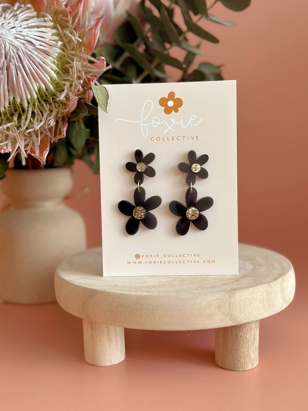 Double Daisy Dangles | Black + Gold Sparkle