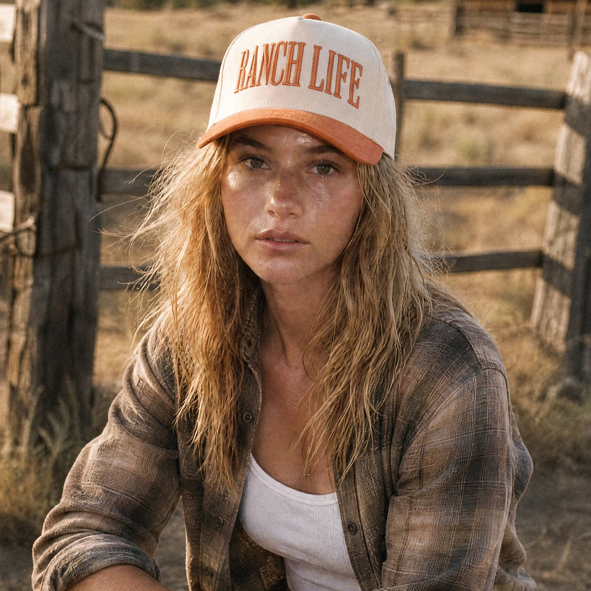 RANCH LIFE Letter Embroidered Two Tone Trucker Hat: Burnt Orange