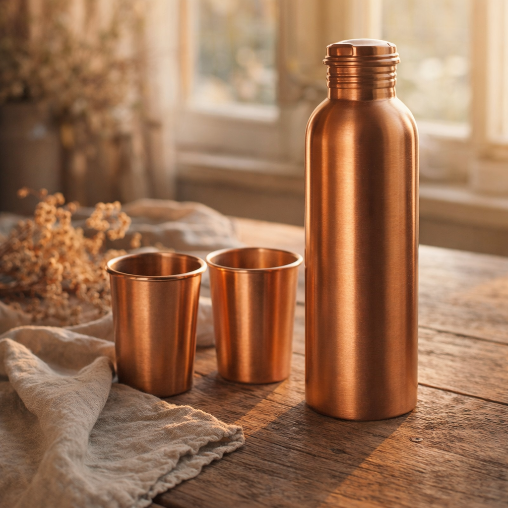 Pure Copper Bottle Gift Set with 2 Glasses – 950ml Bottle &amp; 300ml Tumblers