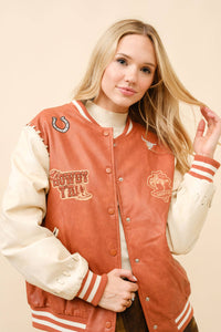 36164J - Faux Leather Western Embroidered Bomber Jacket