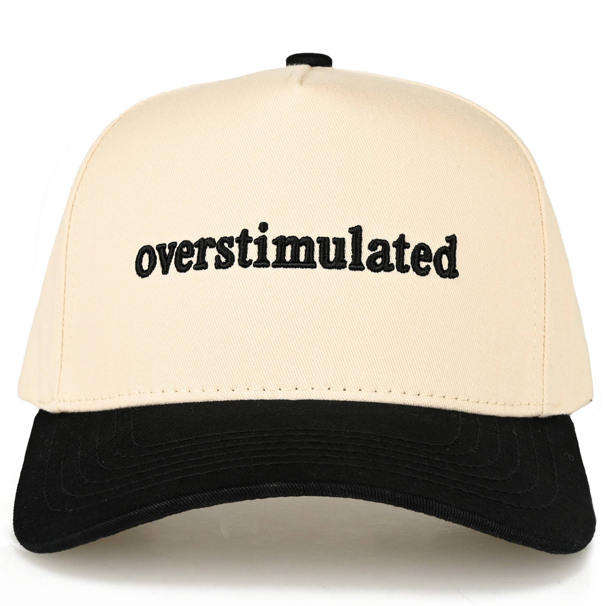 OVERSTIMULATED Letter Embroidered Two Tone Trucker Cap: Black