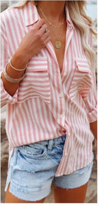 Cotton Striped Roll-Up Sleeve Shirt-pink