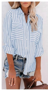 Cotton Striped Roll-Up Sleeve Shirt-blue