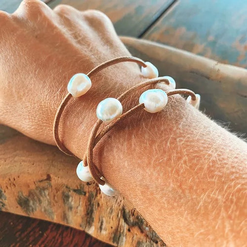 Treasure Chest  Mary- Fresh water pearls and leather bracelet