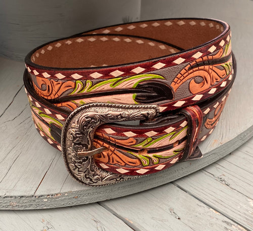 Western Tooled belt - ADBLF117 feather Green