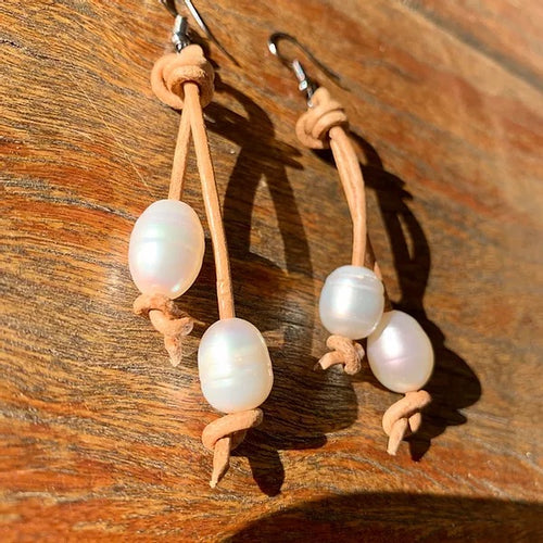 Earrings- Leather and Fresh Water Pearl