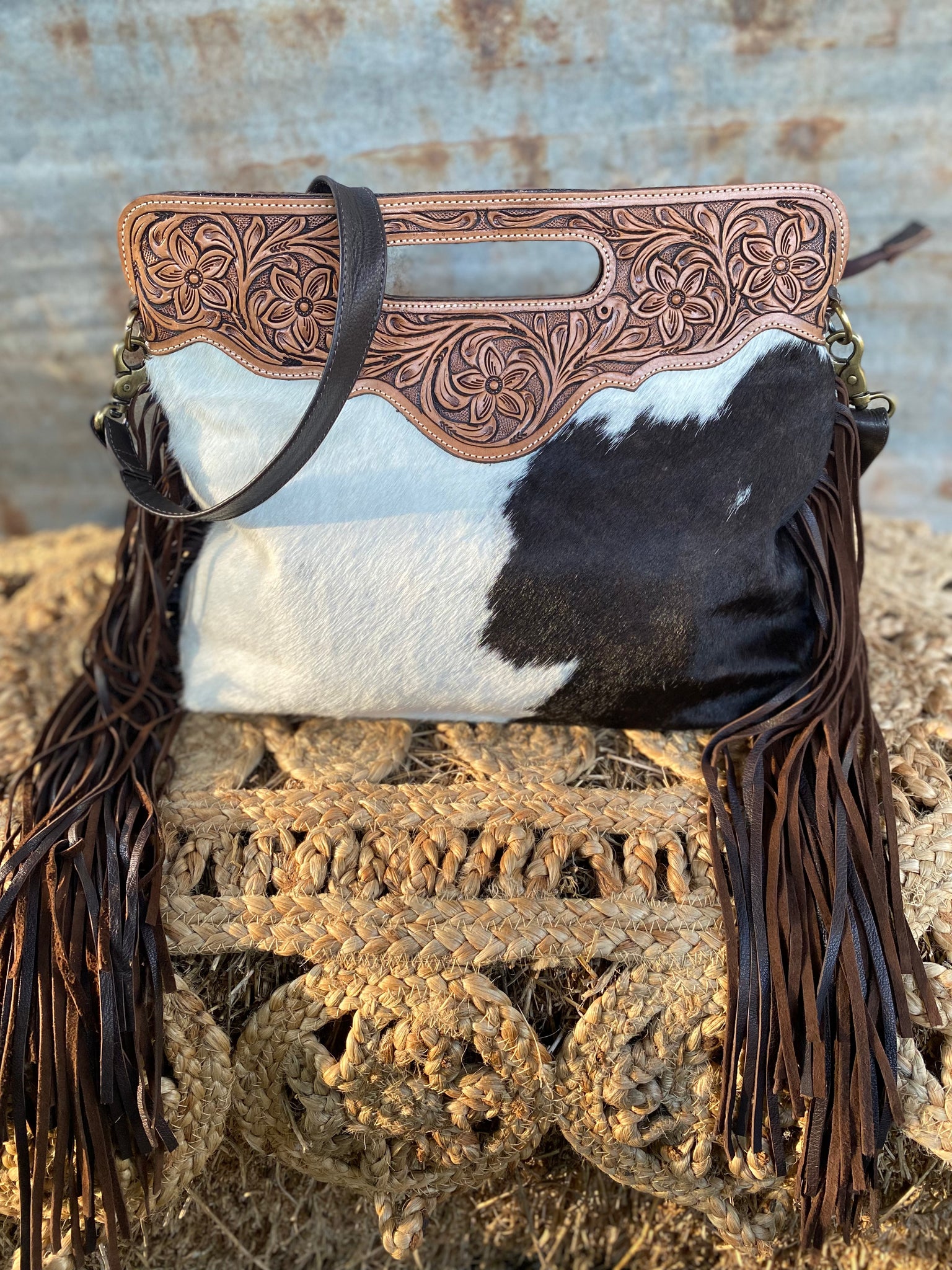 Cowhide Tooling Leather Cowhide Bag AB03 Cusco with tassel s RUSTIC LACE