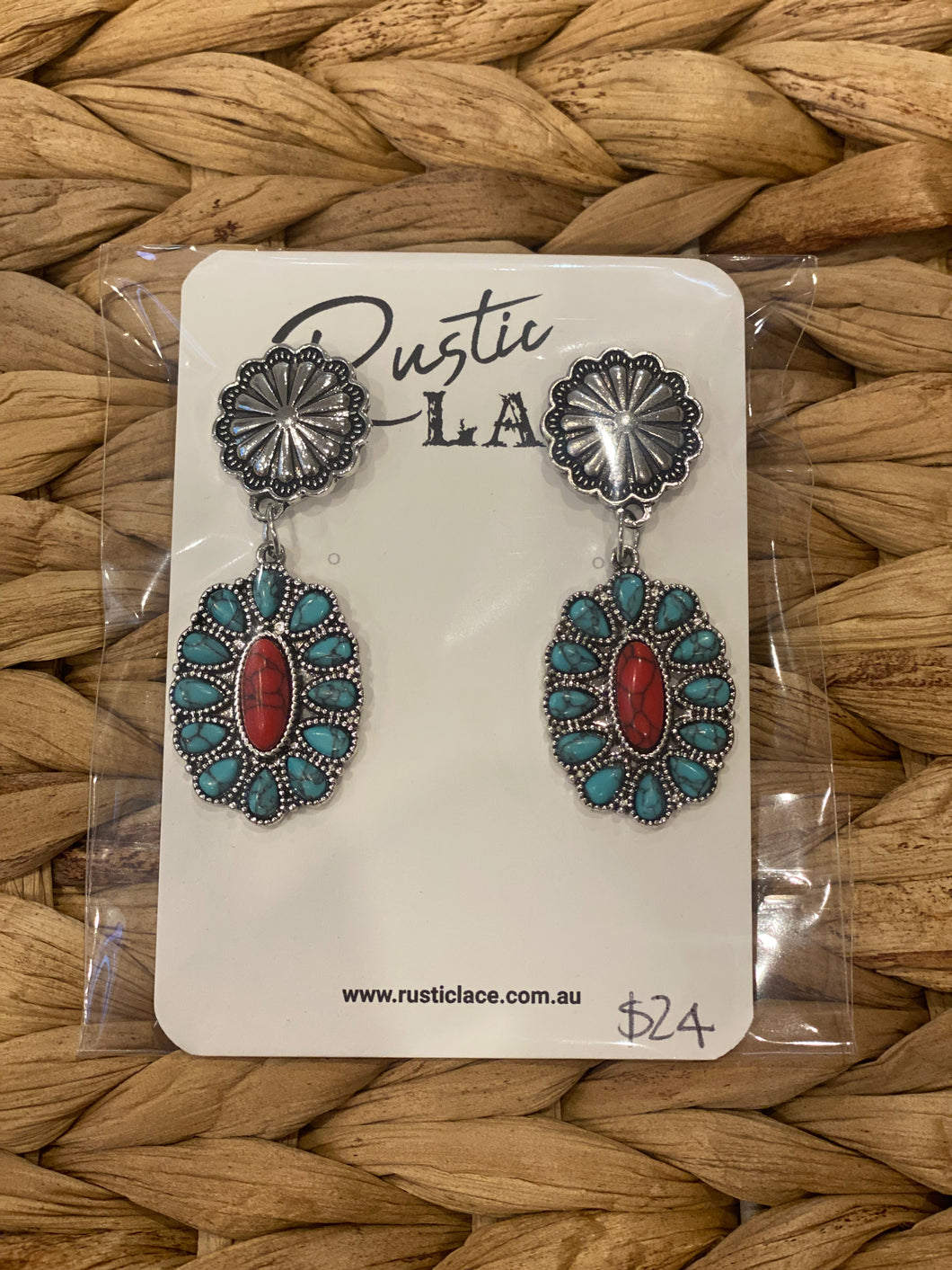 Earrings- western dangle red and turquoise stones