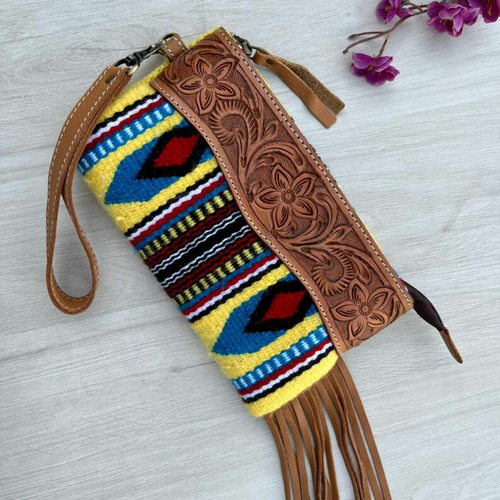Yellow Saddle Blanket Tassel Clutch with Tooled Leather – TSB44A