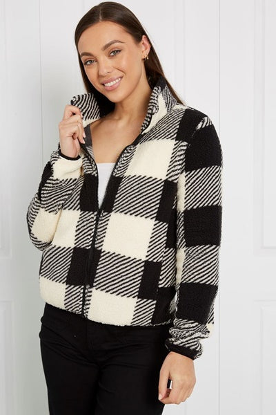 LYN ZIP FRONT FAUX FUR JACKET -CHECKED