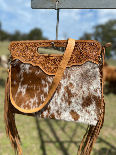 Cowhide Crossbody Purse Shoulder Bag Western Tooled Leather