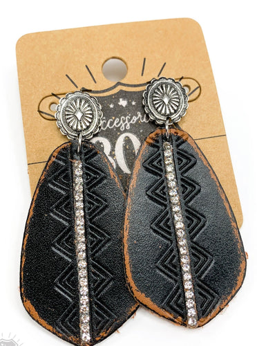 Earrings - BLACK WORN LEATHER TRIBAL DIAMOND ON SILVER CONCHO POST Earrings